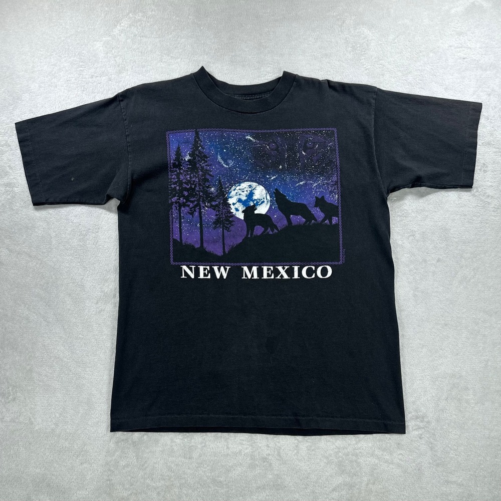 Vintage Prairie Mountain Shirt Mens Large Black New Mexico Wolf Moon Graphic 90s